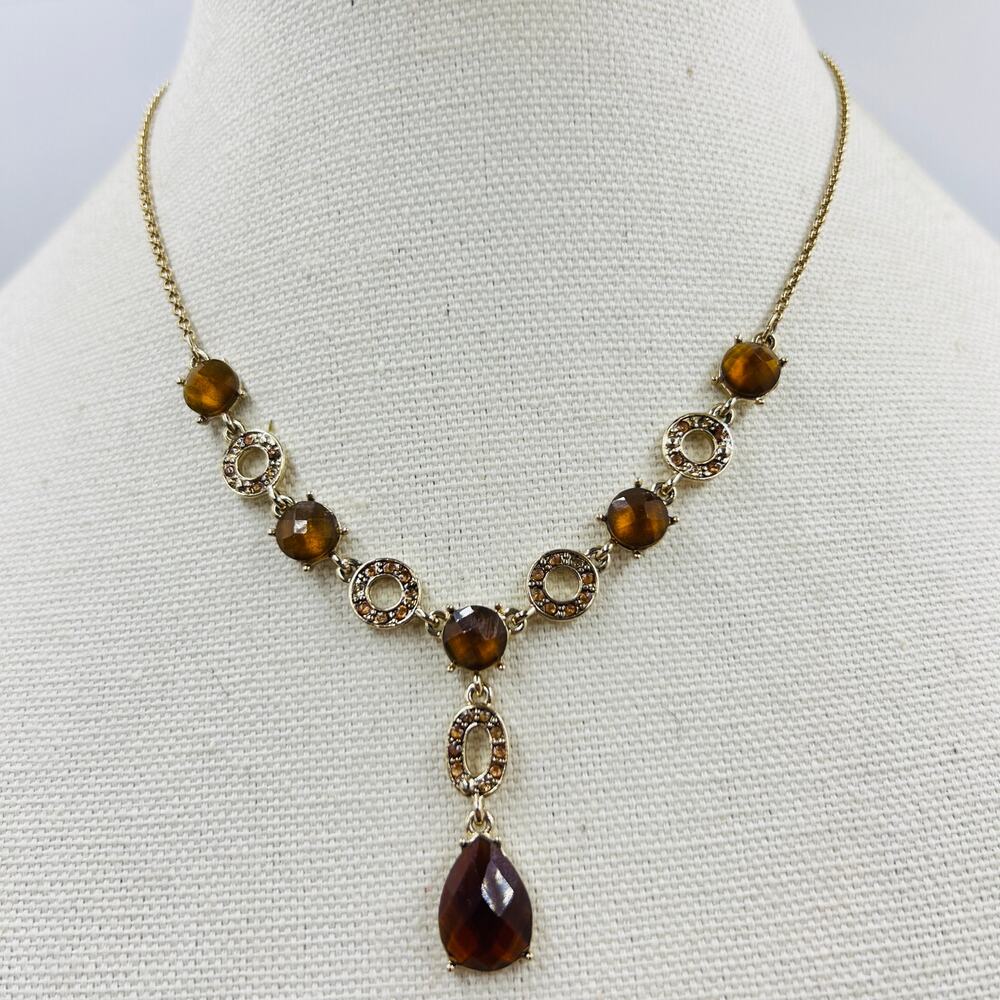 Liz Claiborne Y Drop Necklace Y2K Gold Tone Brown Acrylic Cabochons Neutral